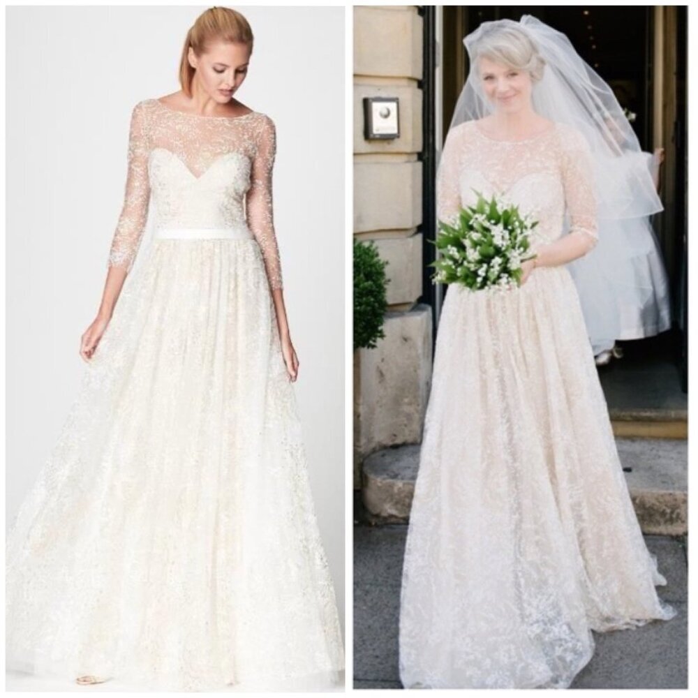 NWT Marchesa Notte illusion tulle glitter wedding bridal  long sleeve gown Women